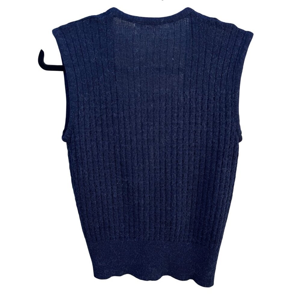 Rodier Paris Vintage French 90s Ribbed Knit V-Neck Librarian Sweater Vest Navy M - Picture 7 of 8